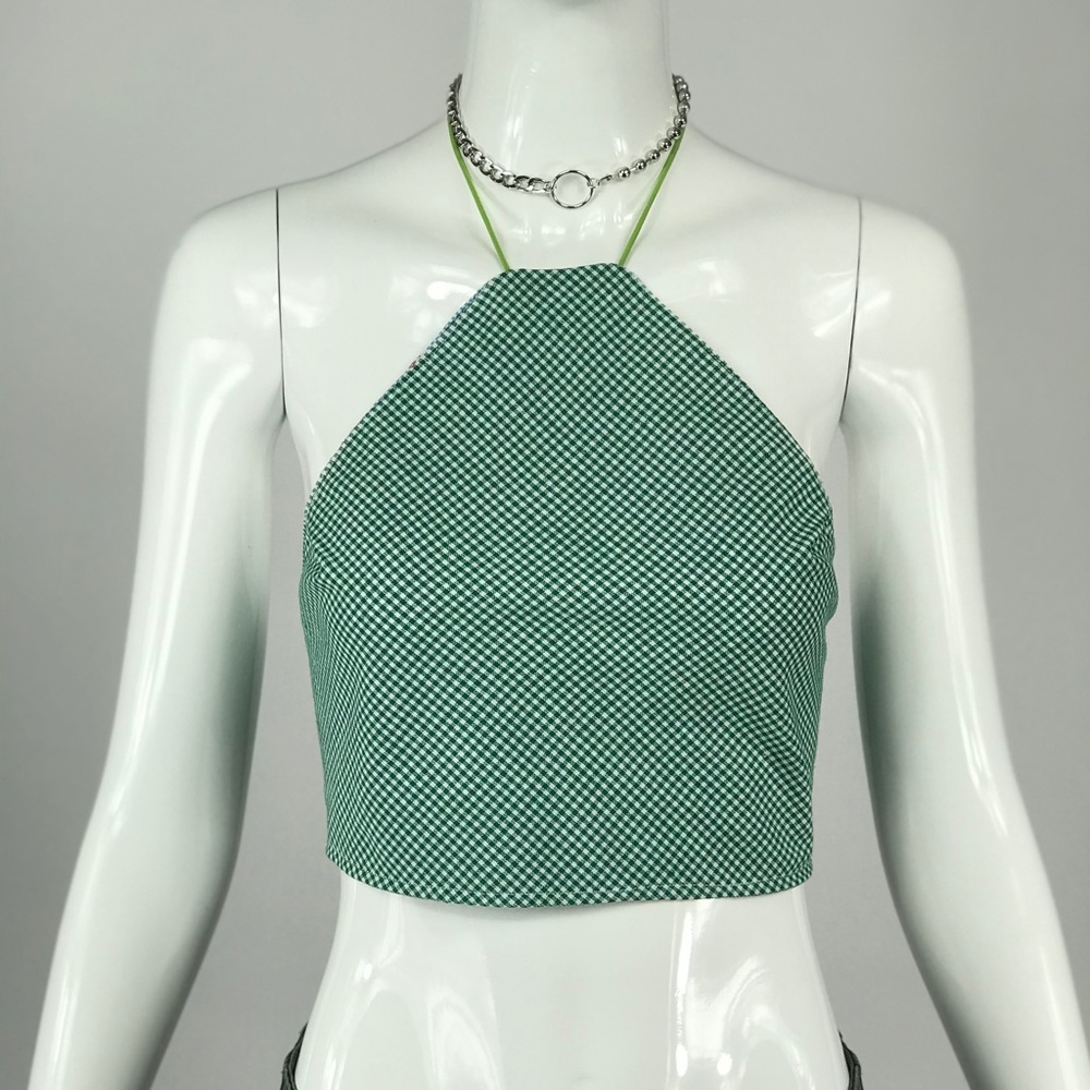 90s style green gingham halter top & scrunchie set